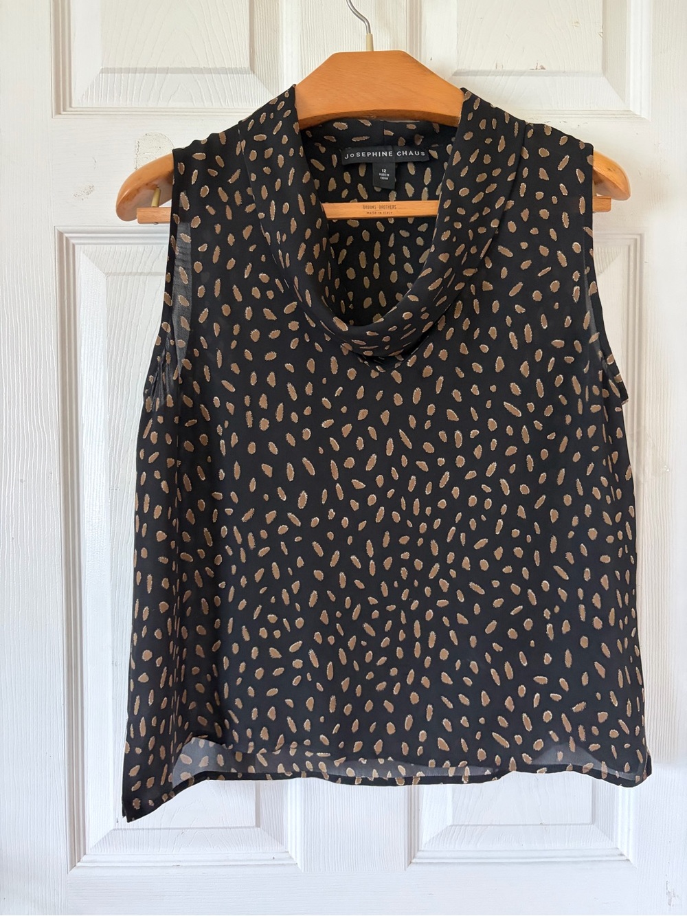 Josephine Chaus 100% Silk Black Sleeveless Cowl Neck Top/‎ Tan Dot Print Sz 12